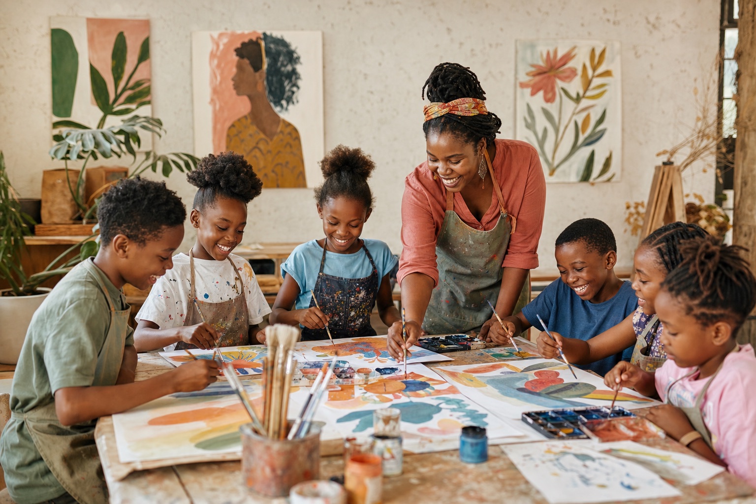 Children enjoying a guided art lesson in a Nairobi studio